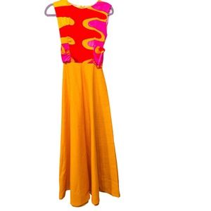 Vintage Alice of California pink orange 70s maxi sleeveless retro dress